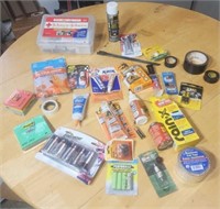 Glues  batteries  first aid kit  tape & more.