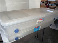Two Rubbermaid slim fit storage boxes on wheels