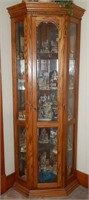 Lighted Oak Corner China Cabinet Mirrored Back