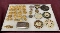 Collection of buttons pocket mirrors, medals etc