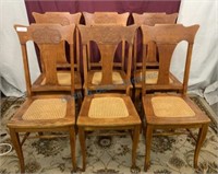 6 sturdy fancy pressback oak t-back chairs
