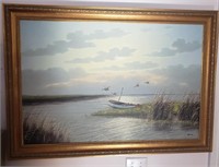 CANOE AND DUCK PAINTING OIL ON CANVAS SIGNED WYMAN