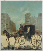 VINTAGE HORSE AND CARRIAGE CITY PAINTING SIGNED