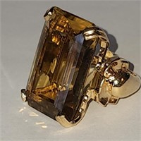 14K  Gold Large Emerald Cut Citrine Ring