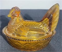 Antique Amber Glass Hen-on-Nest Covered Bowl