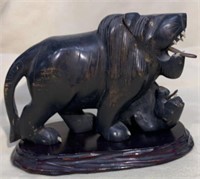Vintage Hand Carved Fighting Lions  Sculpture