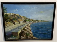 Vintage Landscape Painting - Road Beside Sea Wall