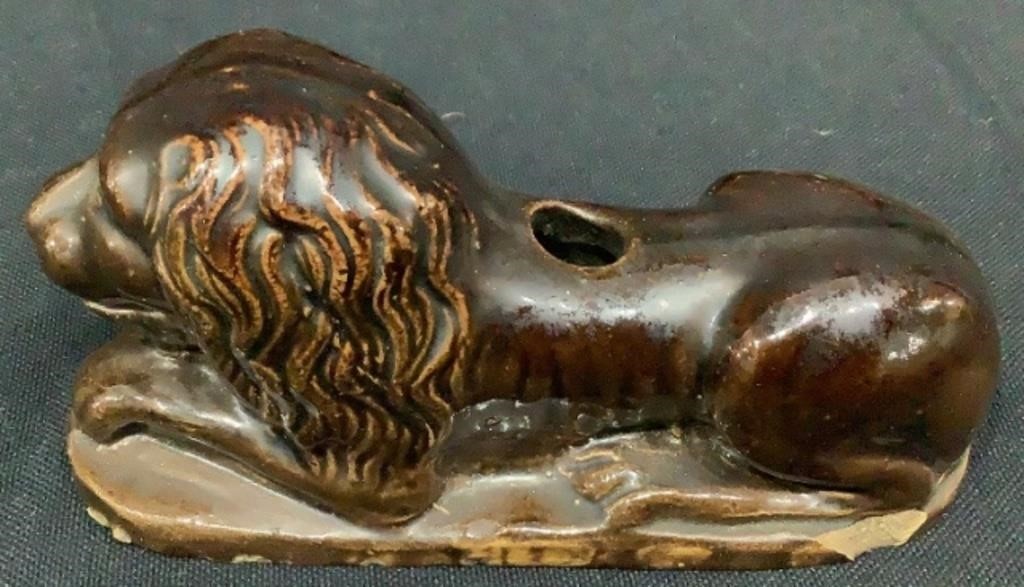 Antique Molded Pottery Lion Form Inkwell