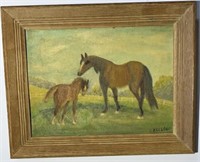 "D. Kellogg" Painting with Horses in Landscape