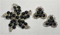 Black Bead & Rhinestone Brooch & Earring Set