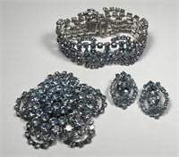 Blue Rhinestone Bracelet Brooch Earrings Set
