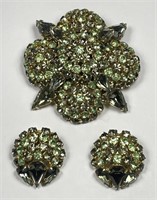Vintage WARNER Green Rhinestone Brooch & Earrings