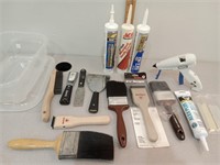 Paint brushes, scrapers, caulk, rechargeable glue