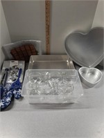Lot of wine glasses cake pans and more