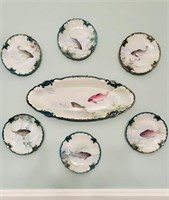 Antique 1880 hand-painted fish plate set