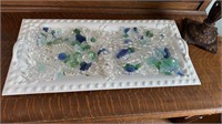 White metal tray with Seaglass, iridescent beads,