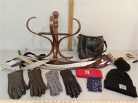 Wall coat hanger, ladies gloves, ladies purse,