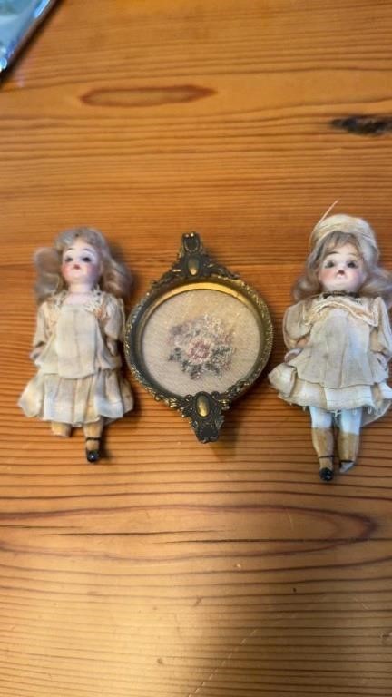 2 miniature antique porcelain dollhouse dolls