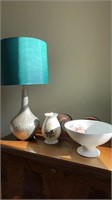 Modern table lamp with turquoise silk shade