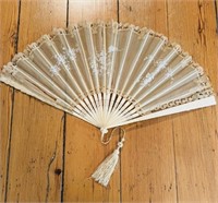 Antique white silk  ladies fan, circa 1880 -