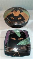 Two pieces of modern cat pottery, large covered