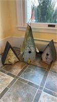 Three bird houses, two hand-painted with 10 metal