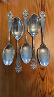 5 sterling silver teaspoons, in the Georgian