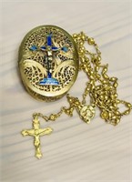 Gold wash Silver wire rosary oval box with blue