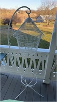 White metal birdcage, stand and plant stand in