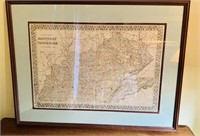 Framed antique 1873 map of Kentucky & Tennessee,