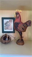 Charged hand-painted, carved wood rooster,