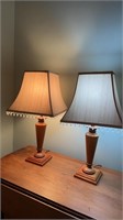 Pair of wood table lamps, with beaded square,