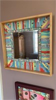 Artist made tile framed wall, mirror, and a wood