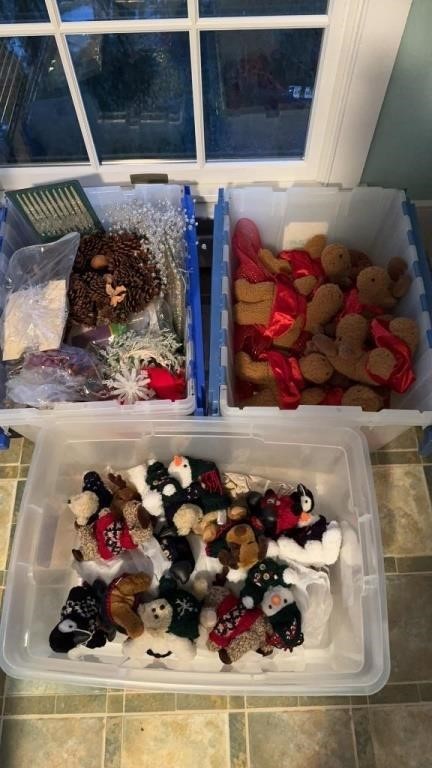 Three tubs of Christmas decorations, one tub with