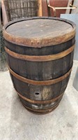 Antique oak, wood barrel, six metal bands, with