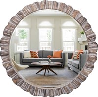 35" Wood Round Mirror, Rustic Wall Mirror