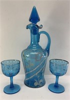 FENTON? HAND PAINTED DECANTER W/ 2 GLASSES