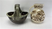 HALL POTTERY BASKET & GERMAN TRANSFERWARE PITCHER