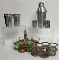 Uranium Glasses, Shaker, Metal Caddy