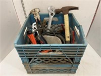 Blue milk crate w/ tools, misc