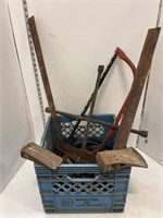 Blue milk crate- Metal squares, axe head, misc