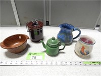 Pottery pitcher & bowl, antique teapot, candlehold
