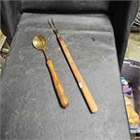 Wood Long Handle Copper Spoon and a Fork
