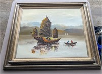 HUGE SIGNED M CHENG SAILBOAT SCENIC PAINTING