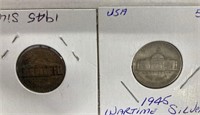 2 1945 USA War Time Silver Nickels