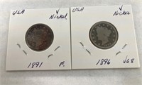 2 USA Victory Nickels 1891 & 1896