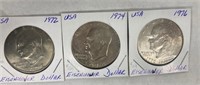3 USA Eisenhower Dollars-1972, 1974 and 1976