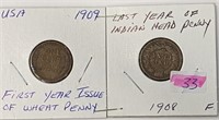 2 USA Cents 1908 & 1909