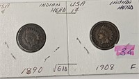2 USA Indian Head Cents 1890 & 1908