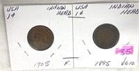 2 USA Indian Head Cents 1985 & 1905